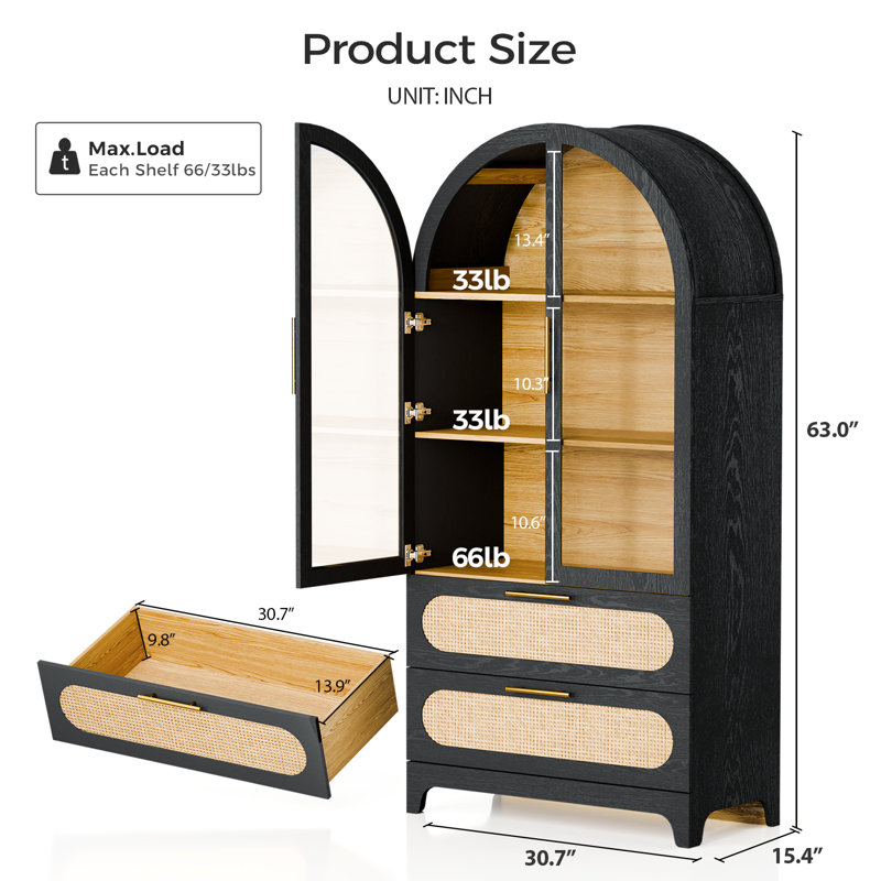 Modern Arched Storage Cabinet With Rattan Drawers And Glass Doors, 3-Tier Display Hutch With 2 Large Storage Drawers