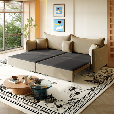 81.9" King Pull Out Sofa Bed,3-in-1 Convertible Sofa Bed with 3 Pillows & Golden Accent Detail Design, Modern Velvet 3-Seater Couch,for Small Space,Living Room,Apartment