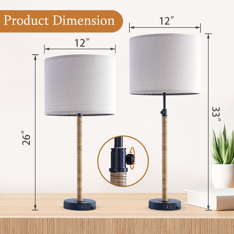 33 in. Black Modern Farmhouse Metal Rattan For Bedroom/Living Room Bedside Desk Nightstand Tall Table Lamps With Oatmeal Linen Drum Shade And USB/TYPE-C Prot