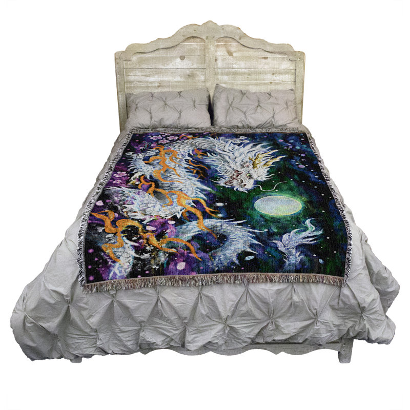 Pure Country Weavers White Dragon and The Moon Blanket by Kayomi Harai - Fantasy Gift Tapestry Throw Woven from Cotton - Made in The USA (72x54)