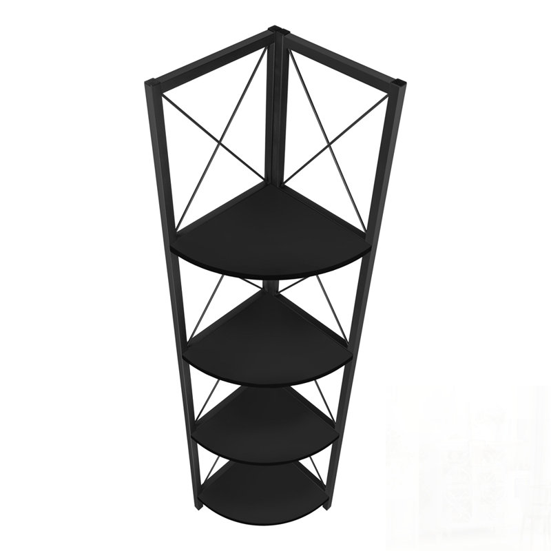Modern 4-Tier Corner Etagere Bookcase with Laminate Shelves and Stylish X-Design Metal Frame for Space-Saving Storage, Black