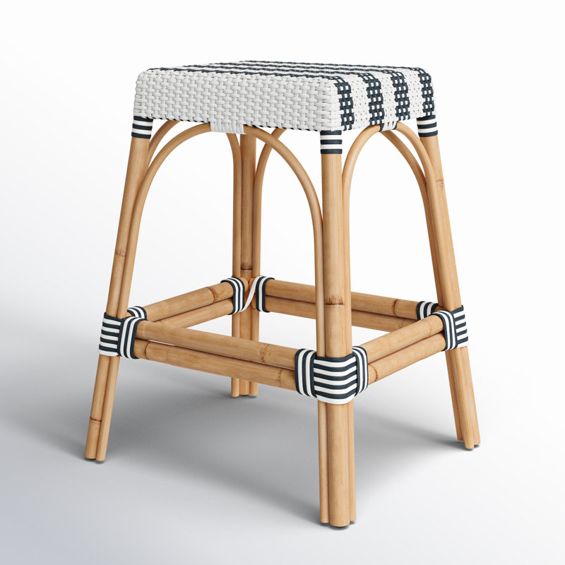 Robias Rattan Bar & Counter Stool, White/Navy Stripe/ Natural Rattan Frame, Counter Stool (24.5" Seat Height)