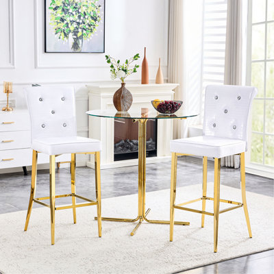 Modern 3-Piece Bar Height Dining Set, Clear Round Glass Table with Gold Metal Base & 2 Upholstered Bar Stools with Crocodile Pattern, Kitchen Island Breakfast Nook Set