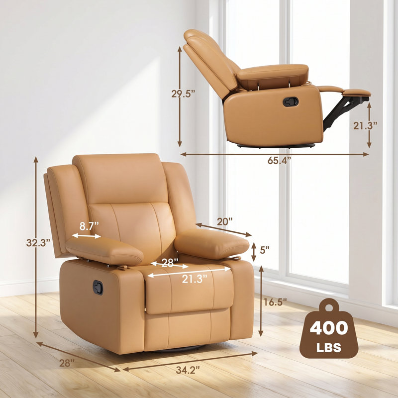 34”W Upholstered Swivel Reclining Rocking Chair, Brown