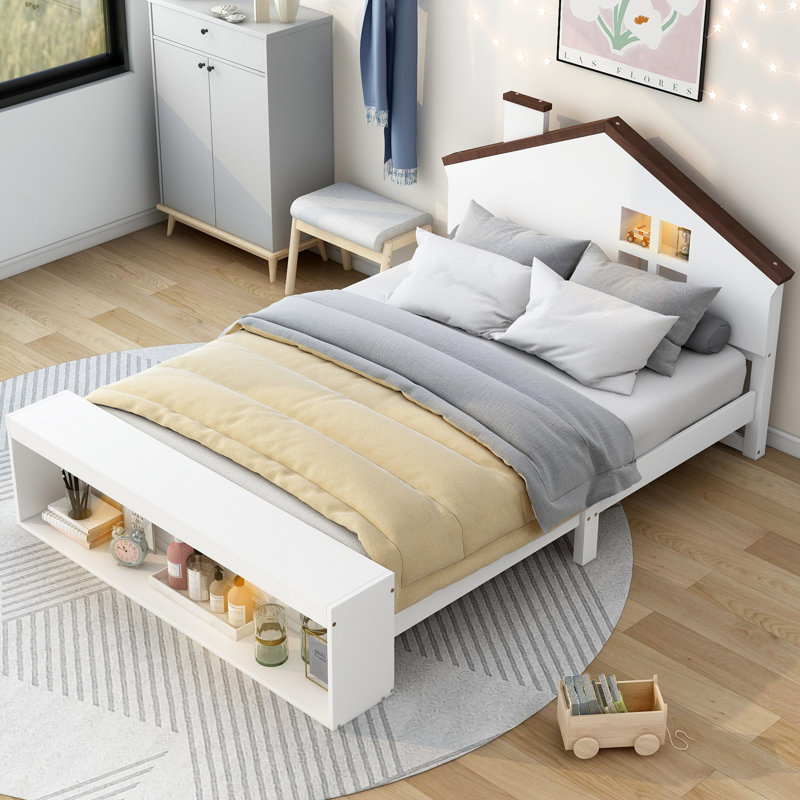 Lit plateforme double avec lumières DEL et rangement, blanc