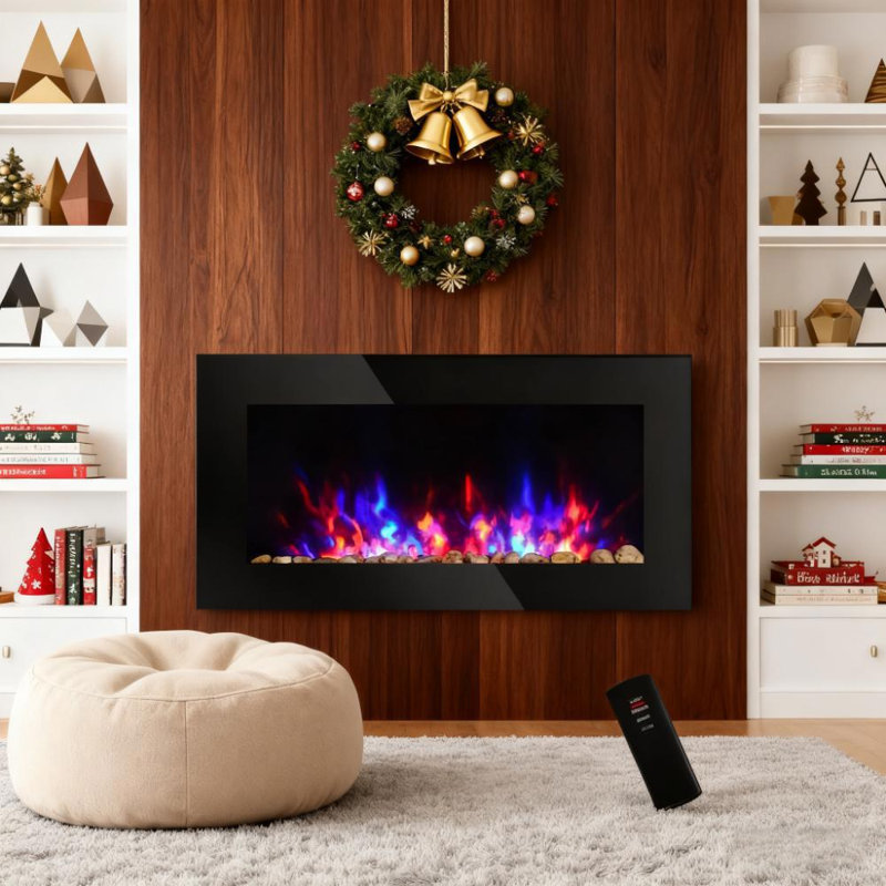 Cheminée électrique murale de 90,8 cm (35,75 pouces), flamme à 7 couleurs et éclairage latéral, double chauffage 725 W/1450 W avec télécommande