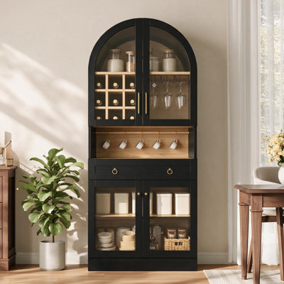 70" Arched Bar Cabinet with Wine Rack Glass Holders and Adjustable Shelf