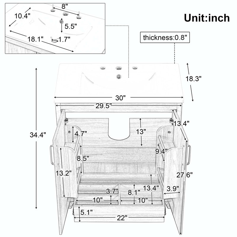 Meuble-lavabo simple 30 po avec plateau en bois manufacturé Shirlena
