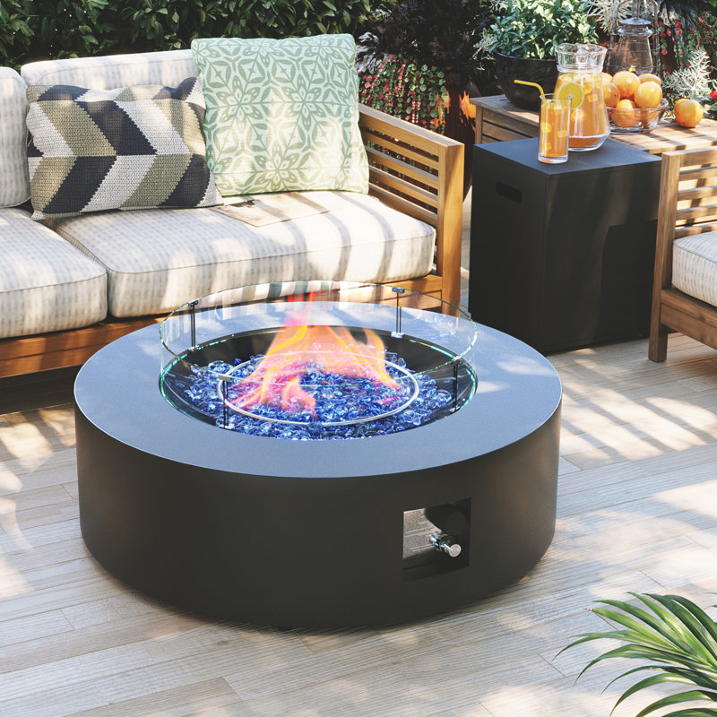  42-Inch Round Iron Propane Fire Pit Table with Tank Cover and Wind Guard, Dark Gray, Dark Gray, Round