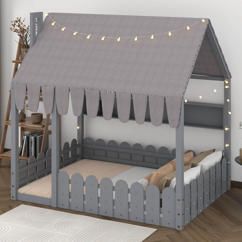 Lit de maison avec garde-corps, tente et lumières, cadre de lit en bois avec 3 tablettes de rangement, Lit double, Gris