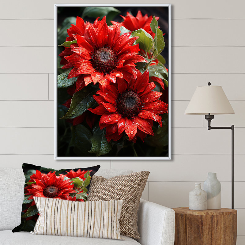 Fleurs de tournesol rouges - tournesols, art mural, Cadre flottant blanc, H 60 po x l 28 po