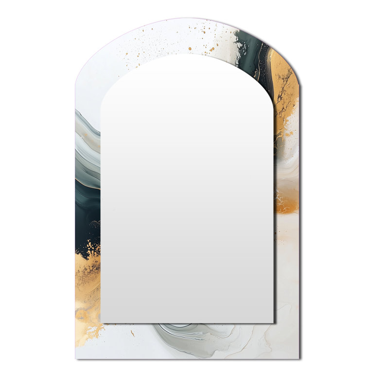 Silent Melody Of Golden Hard Edge Ink III - Hard Edge Painting Arch Unique Wall Mirror, Modern Asymmetrical Mirror, Printed Metal Art