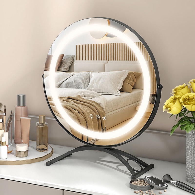 Miroir de meuble-lavabo rond 16 po à 3 lumières à intensité variable Wrought Studio ™, Noir