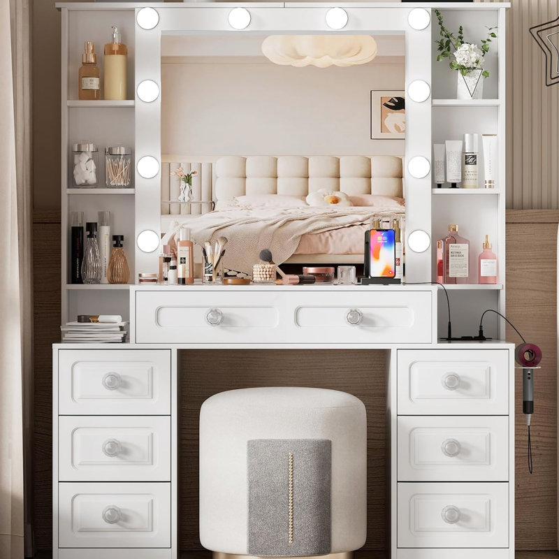 Dressing Vanity, Mirror, Lights, Glass Top, Drawers, Charging, Open Shelves, Stool Vanity Desk, Cushioned Stool, - Enabled Bedroom Makeup