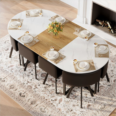 Modern Oval 9-Piece Dining Set with Faux Marble Wood Tabletop, Seats 8, Black PU Chairs