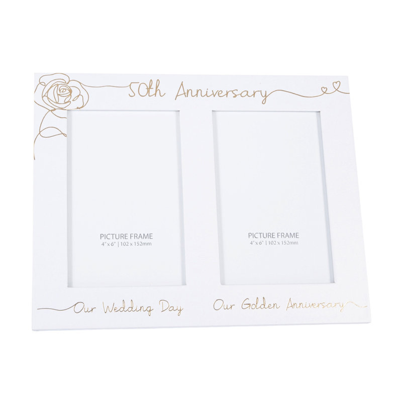 Beautiful Double Picture Frame for Wedding Anniversary - Silver Foil Text, White/Gold