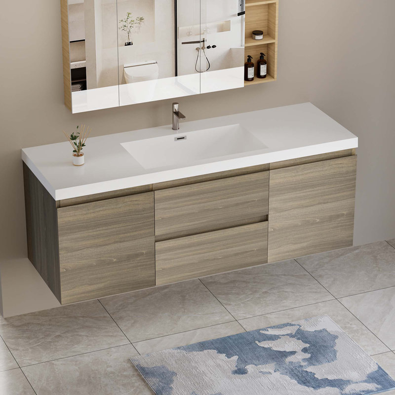Meuble-lavabo flottant avec lavabo double, 60", Gris cendre