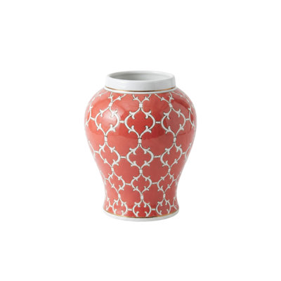 12.2" Chinese Red Porcelain Temple Jar Vase, Hand-Painted Lattice Pattern with Gold Accents – Decorative Ginger Jar for Entryway & Mantel