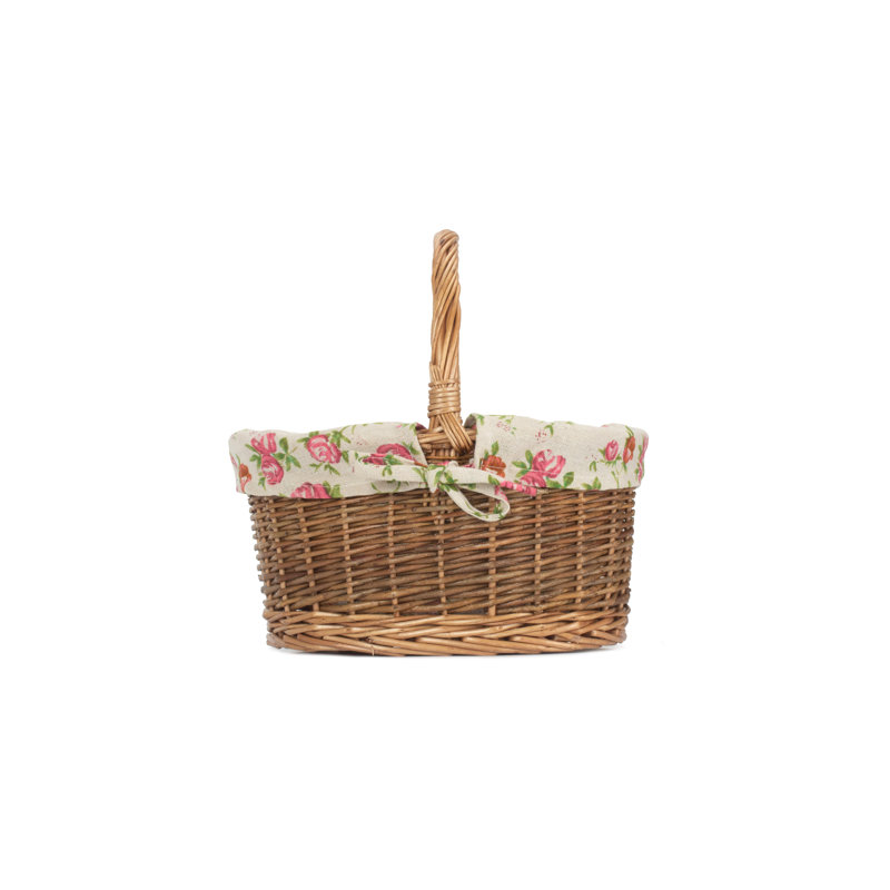 Wicker Shopping Basket with Garden Rose Lining, 28cm H x 29cm W x 22cm D
