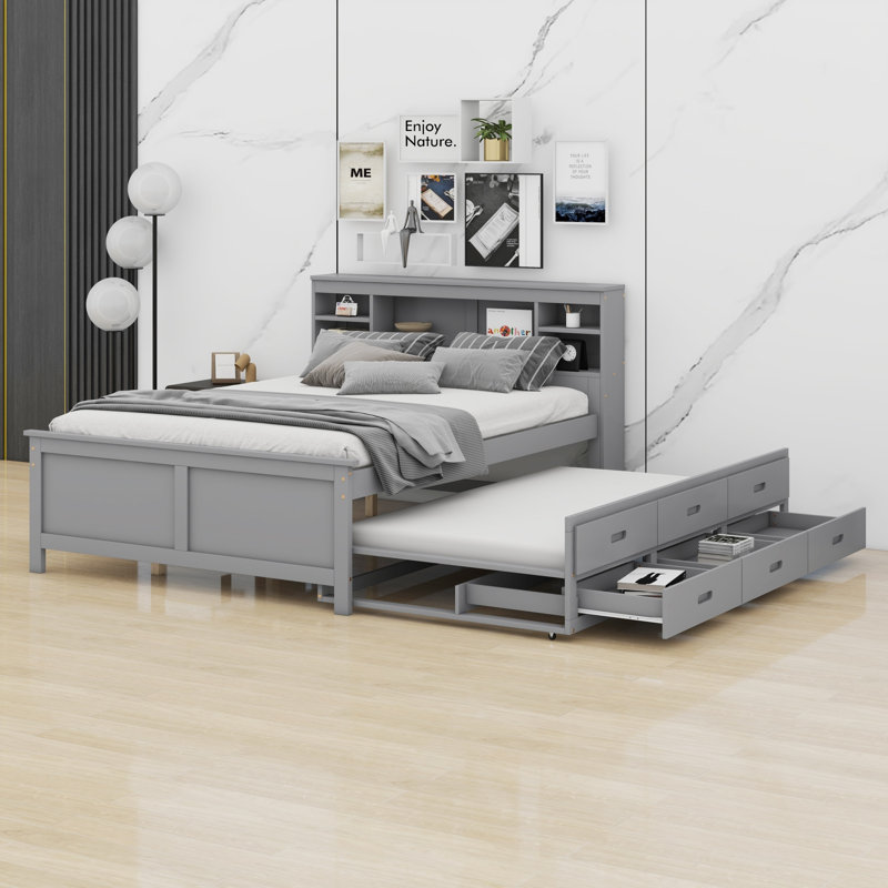 Lit plateforme avec tête de lit avec rangement, USB, lit gigogne et 3 tiroirs, Gris, Lit double