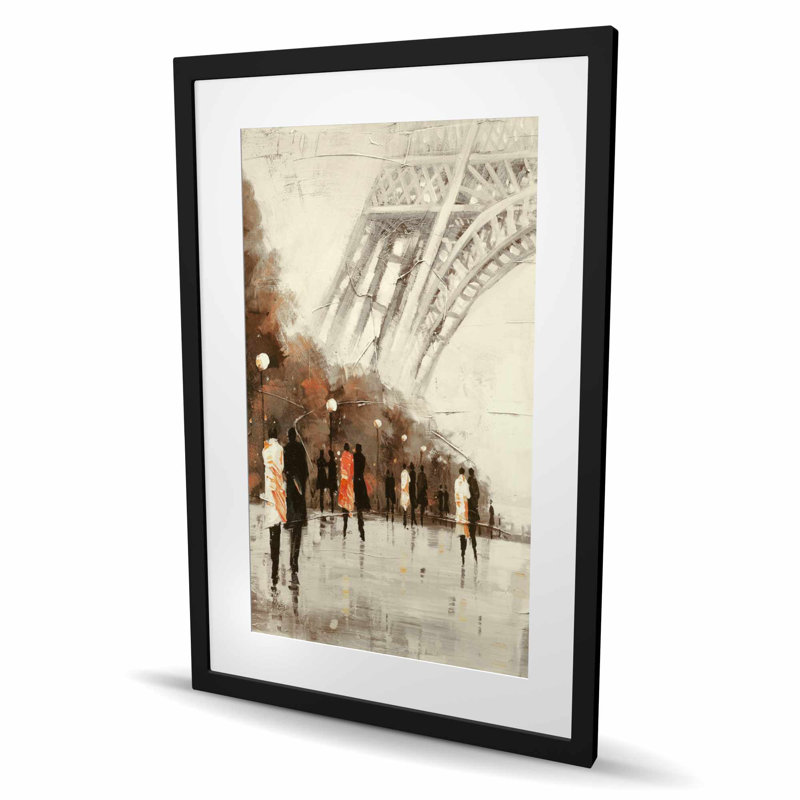 «People Walk Near the Eiffel Tower», reproduction encadrée brune