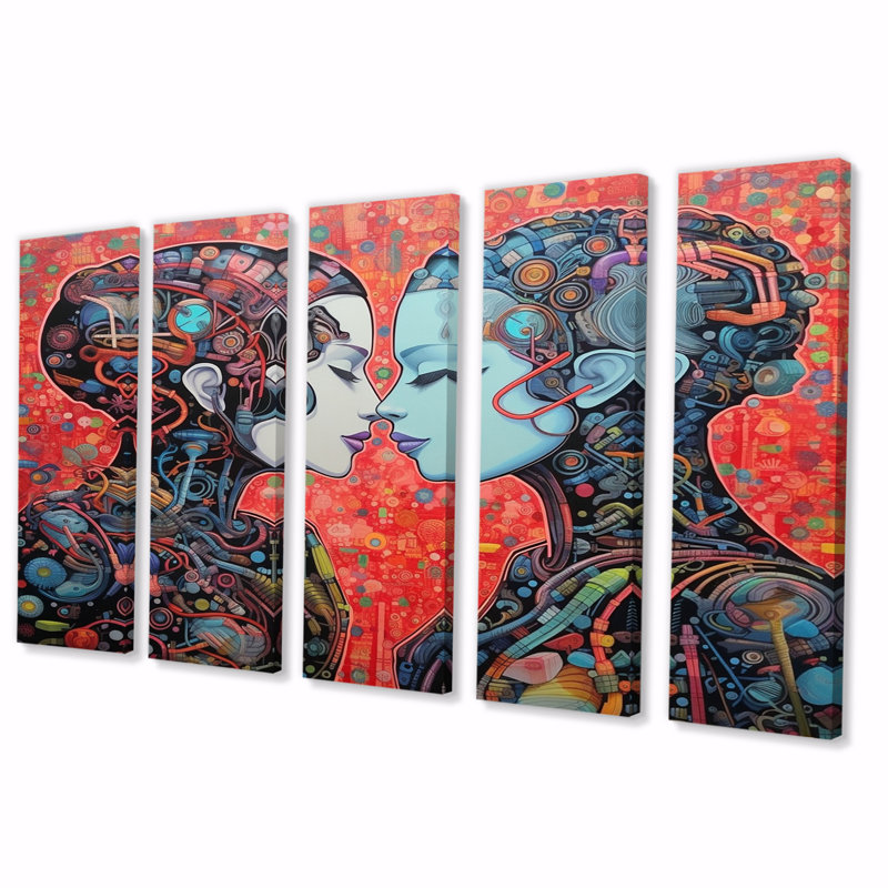 Charmant Robots célébrant l'amour rétro - Art mural sur toile robot - 5 panneaux égaux