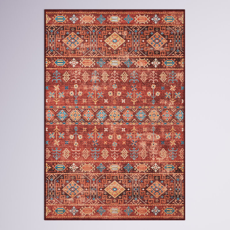 Washable Red and Ivory Machine Woven Area Rug, Rectangle 3' x 5'