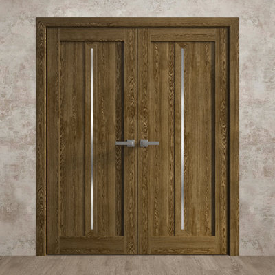 Interior Solid French Double Doors 64 x 80 inches Ego 5014 Marble Oak Wood Interior Solid Panel Frame Closet Bedroom Modern Doors