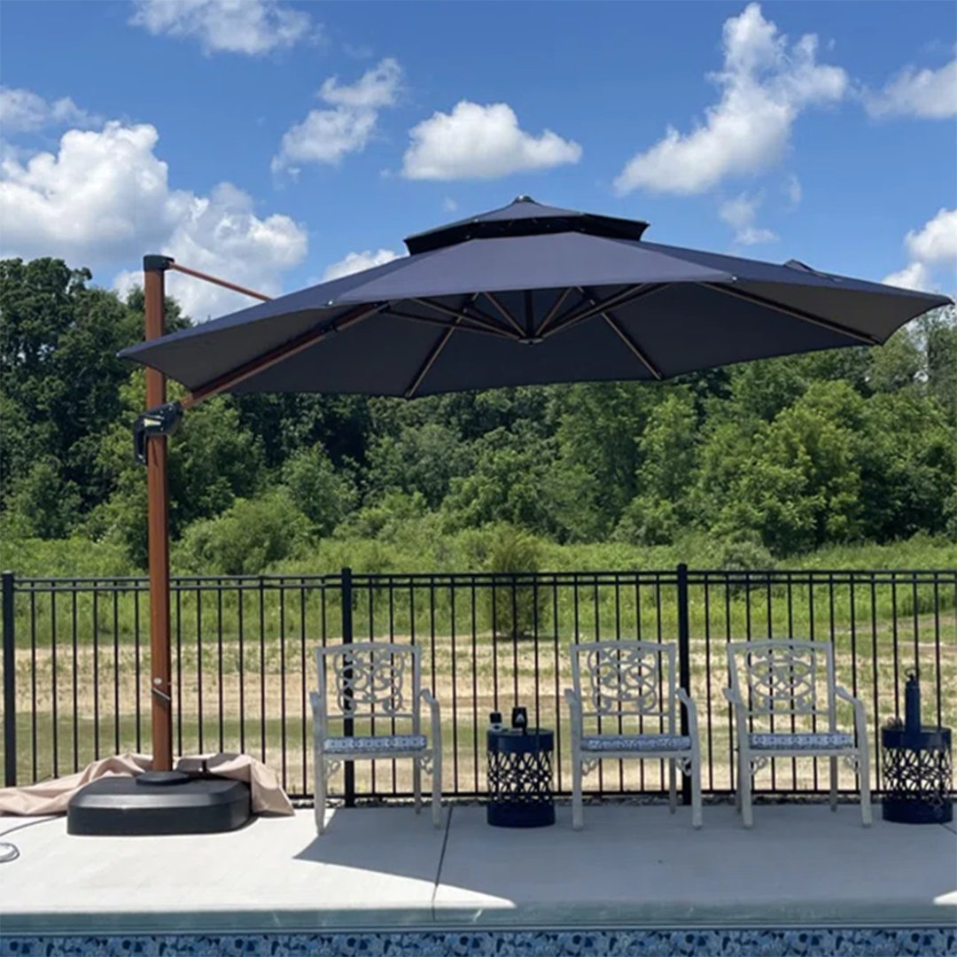 13' x 13' Round Wood Pattern Cantilever Umbrella With Wheeled Base Purple Leaf Fabric