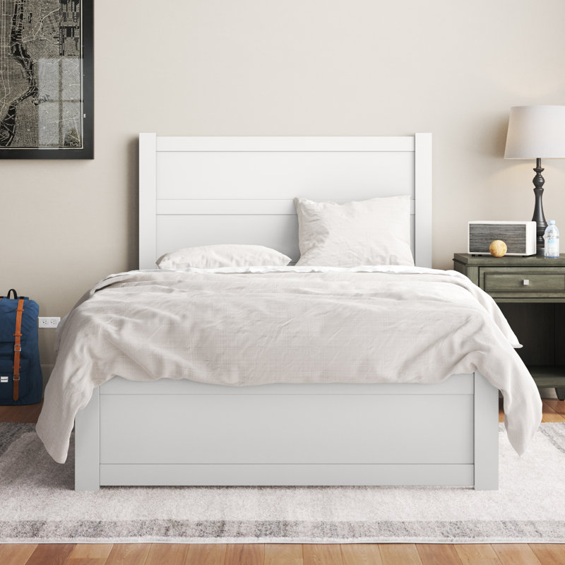 Lit plateforme avec rangement en bois massif Ney, Blanc, Simple TG, Non