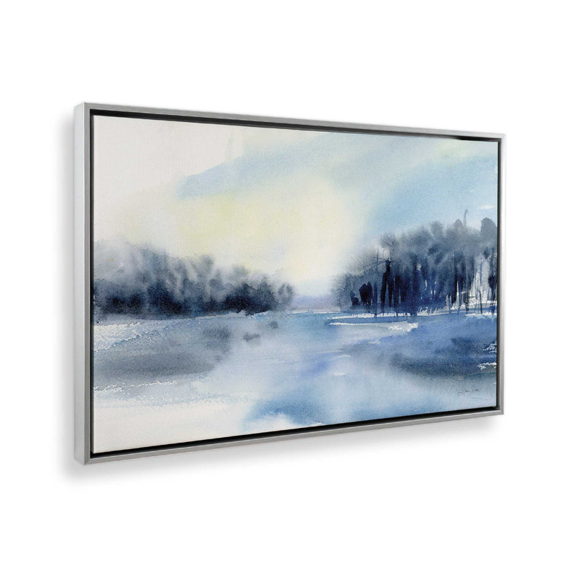 Imprimé brume d'hiver sur le lac, Cadre argenté, H 32,75 po x l 48,75 po x P 1,75 po