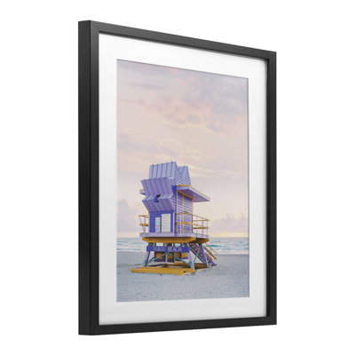 Purple Lifeguard Stand Landscape Framed Print Under Glass, design by Sisi and Seb
