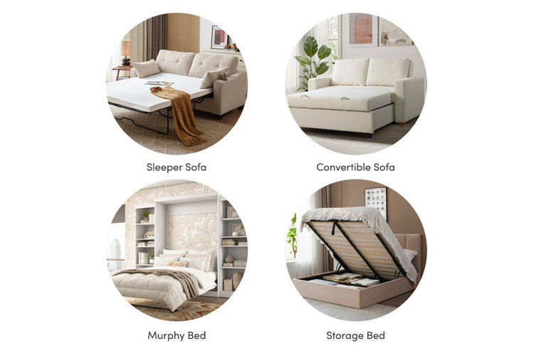 types of multifunctional furniture collage: sleeper sofa, convertible sofa, murphy bed, and storage bed