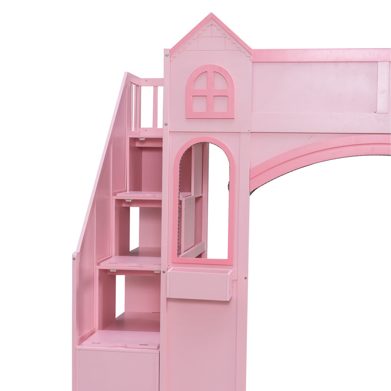 Lit mezzanine en bois avec escalier de rangement, bureau, tablettes et éclairage à DEL Armin, Rose