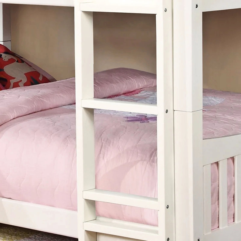 Lit superposé double de style transitionnel avec finition blanche, en bois massif attaché, 13 pièces Lattes pour le haut et le bas, structure à joints spéciaux pour rails, matelas pour lit gigogne exclu des deux lits,