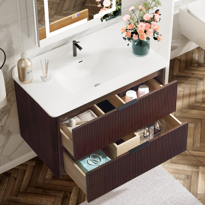 Meuble-lavabo mural 36 po au fini noyer avec armoire en bois massif et comptoir une pièce en acrylique, Noyer, Noir, 36"