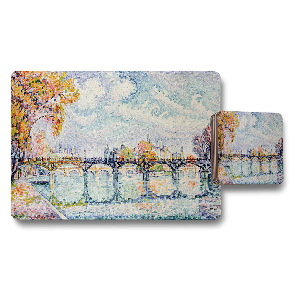 Impressionist Cityscape Bridge Over River Placemat And Coaster Set