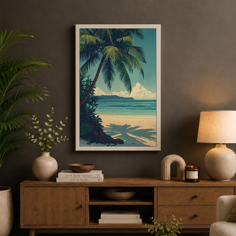 Tropical Shoreline Coastal - Wrapped Canvas, 30x20 - 76.2 x 50.8 cm, Teal Border