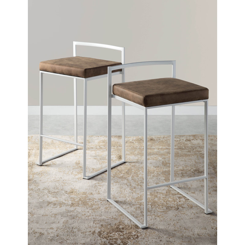 Ernestine Upholstered Stackable Bar & Counter Stool (Set of 3), Counter Stool (27" Seat Height), Cowboy Brown Polyester/White