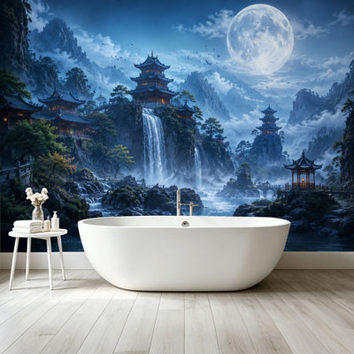 Peler et coller le papier peint adhésif, paysage asiatique, pagodes, cascades, montagnes brumeuses, art mural auto-adhésif et amovible