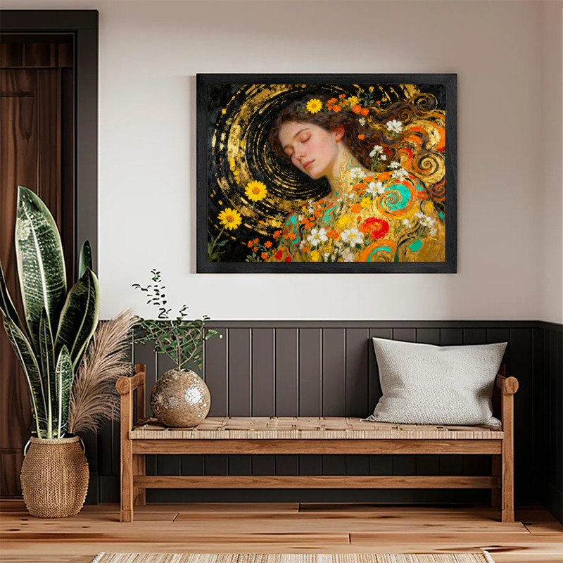 «Black Gustav Klimt», art abstrait avec femme et fleurs, H 11 po x l 9 po