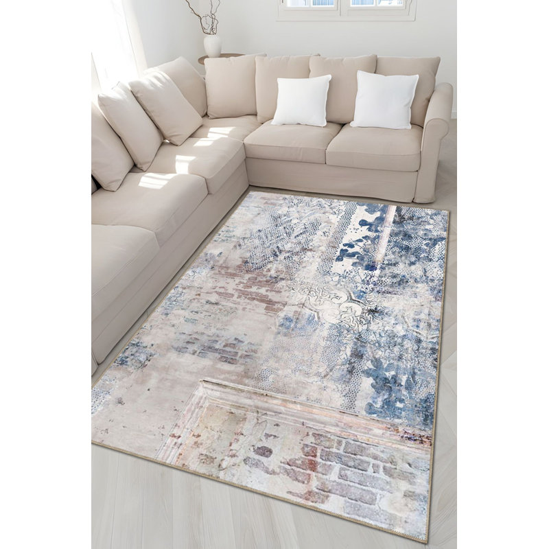 Tapis bleu moderne lavable à la machine, Tapis de couloir 2 pi 6 po x 6 pi 7 po inclus