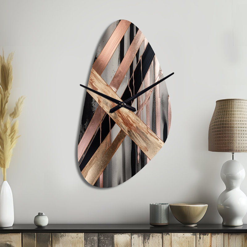 Metallic Stripes And Circles III - Marble Asymmetrical Metal Clock, Modern Irregular Shape Wall Clock Print, Large