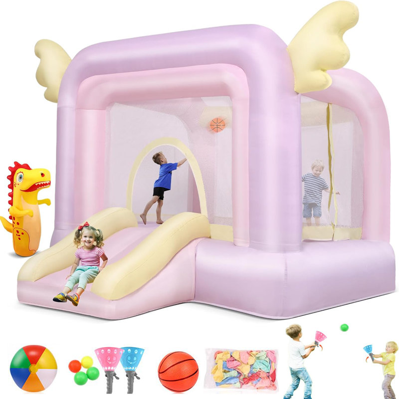 Enchanteur rose pastel Bounce House: 5-en-1 avec toboggan, souffleur et accessoires - Sécuritaire, durable et rapide pour un plaisir intérieur / extérieur (3 à 8 ans)