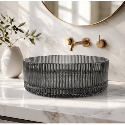 Lavabo de salle de bain vasque rond en verre cannelé noir 16 "Timeless