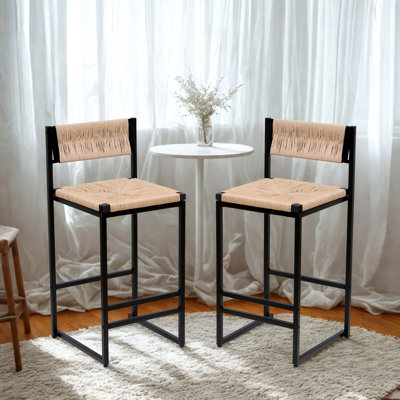 Creamy White Paper Rope Woven Bar Stools Set of 2 with Footrest for Kitchen Island, Dining Room