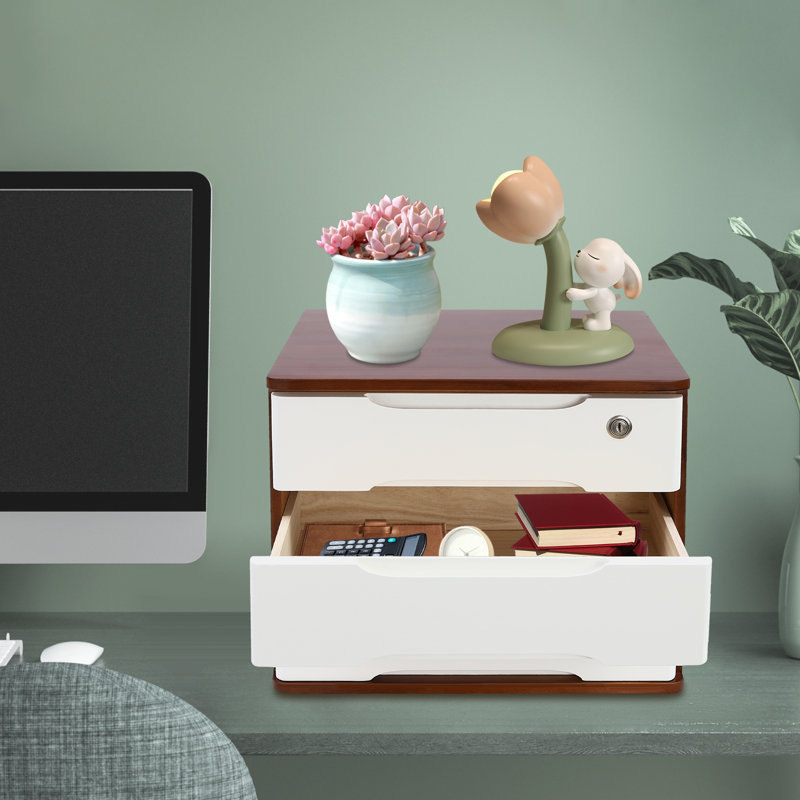 Boîte de rangement de bureau en bois à 3 niveaux avec tiroirs, Blanc / brun