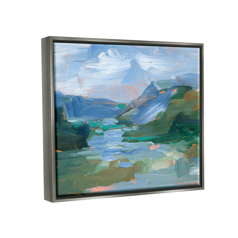 «River Through Mountains Abstract Scene», art mural encadré sur toile flottante par Ethan Harper, Cadre flottant gris lustré