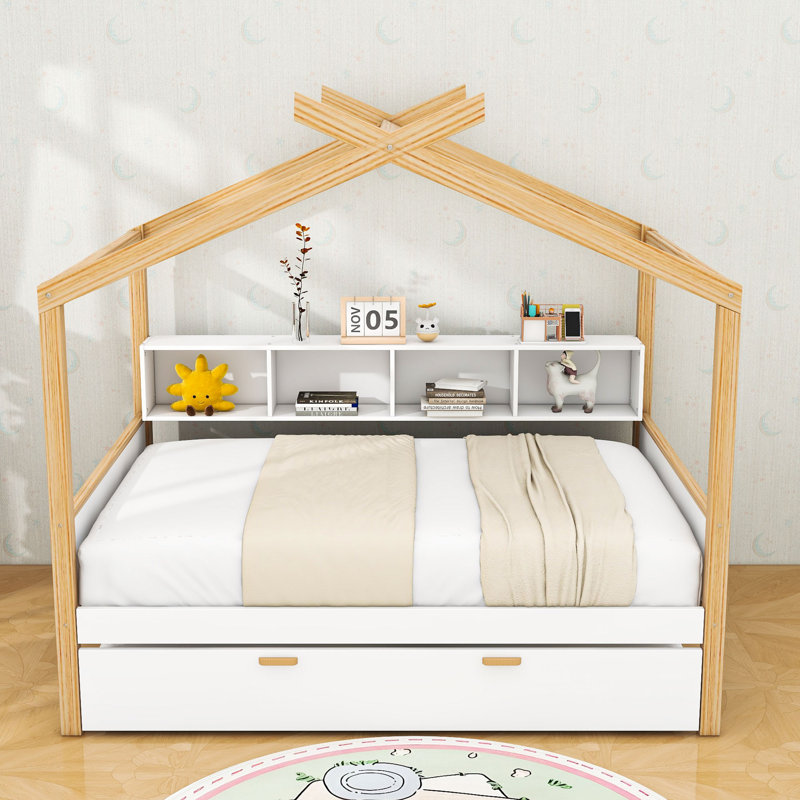 Wooden House Bed With Twin Pull-Out Trundle And Bookshelf Storage, Full