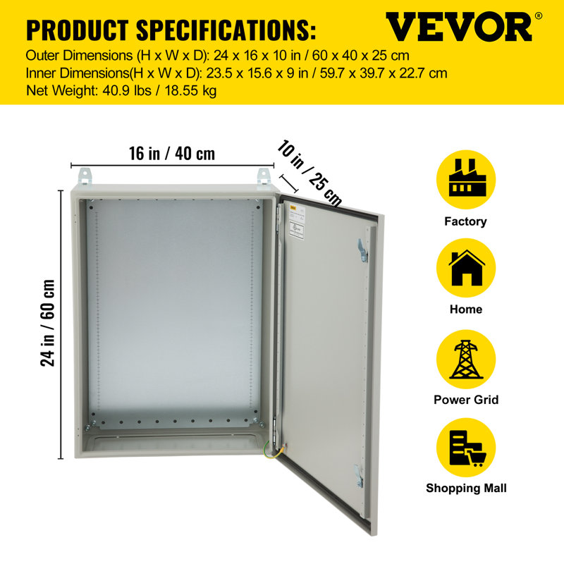 Armoire électrique, 28 x 20 x 8 po, testée selon les normes UL NEMA, H 24 po x l 16 po x P 10 po